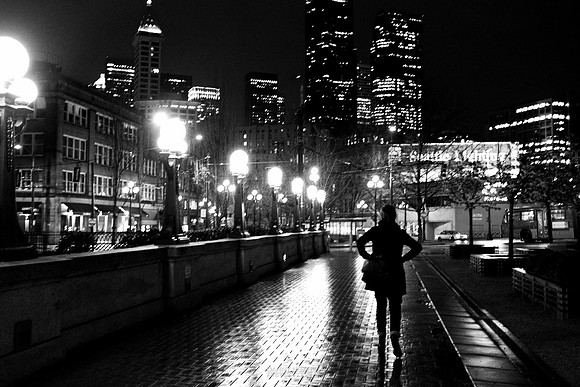 Margaret strolling by King Street Station. Seattle, WA. March 2016.